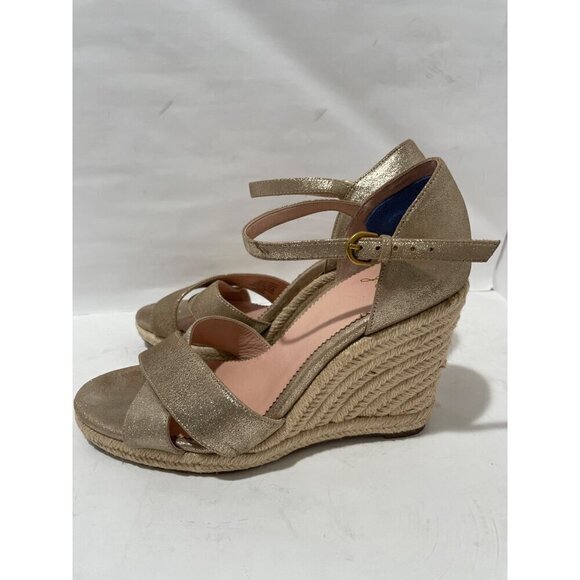 J CREW WOMENS SANDALS METALLIC WEDGE GOLD LEATHER ESPADRILLES ANKLE STRAP SZ 8.5 - Picture 1 of 9